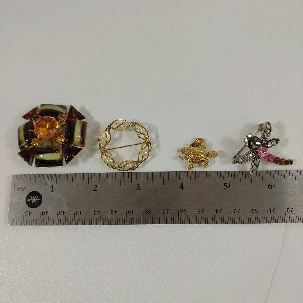 Vintage Lot Of 4 Small Rhinestone Wearable Brooch Pins Turtle Charm Dragonfly‎